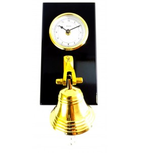 Mosiężny zegar i dzwon na drewnianej podstawie WWB