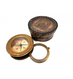 Mosiężny kompas ze szkłem powiększającym w skórzanym etui - 70510