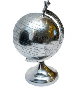 Metalowy srebrzysty globus 60545,  wymiary 29x25,5cm